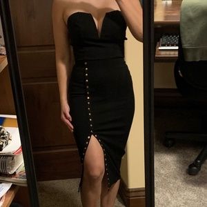 Blanc Strapless Black Dress with Gold Snaps, Size Small
